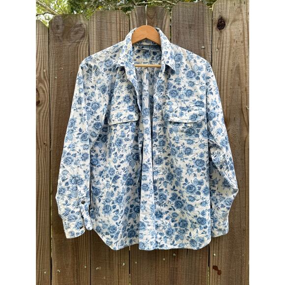 90s Lizwear Blue Rose Button-Down - 90s Vintage - Cottagecore - Porcelain Blue - Picture 1 of 5